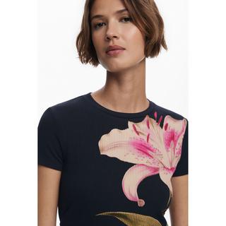 Desigual Geripptes Kurzarm T-Shirt Blumenprint  