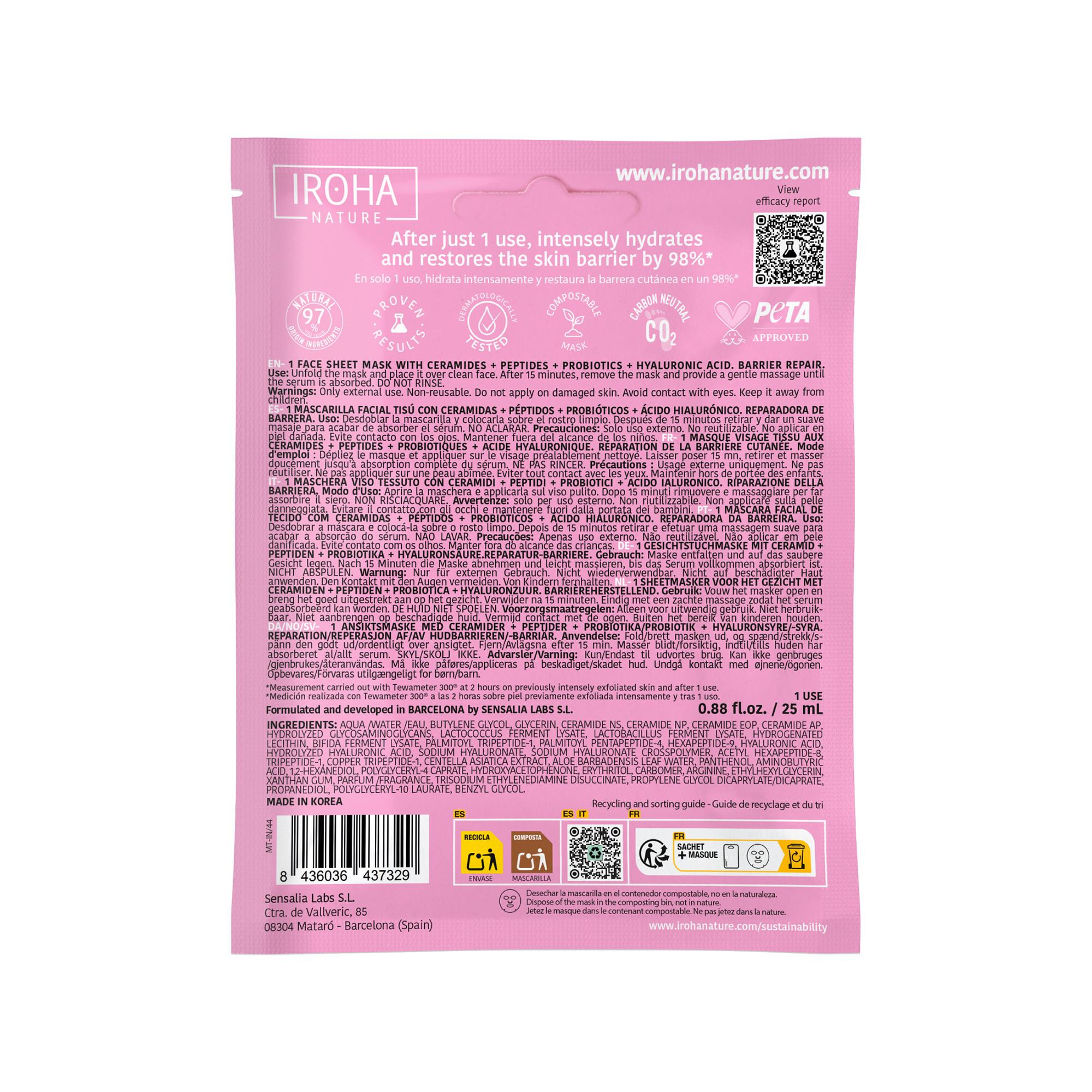 iroha  Nature Face Sheet Mask With Ceramides + Peptides + Probiotics + Ha   