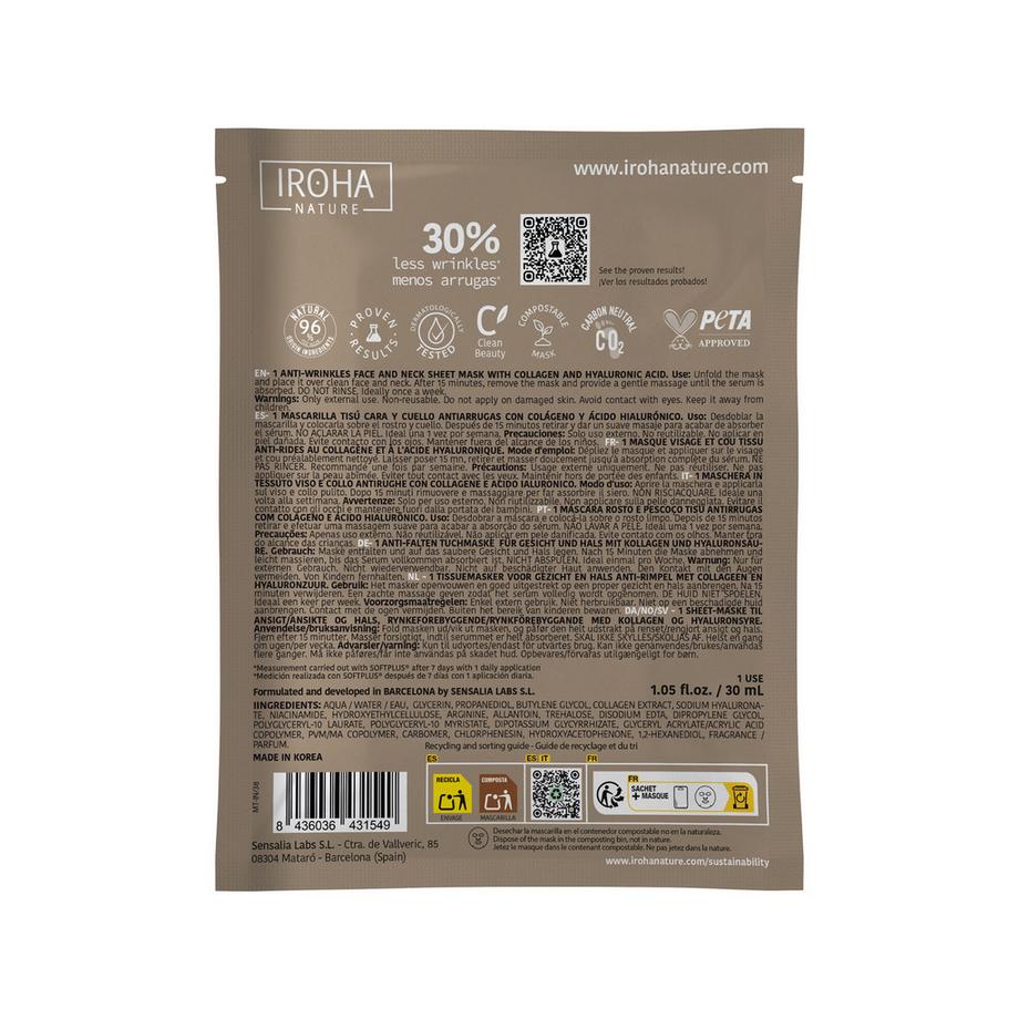 iroha  Tissue Face & Neck Mask - Collagen - Anti-Wrinkles & Pro-Age -  Biodegradable 