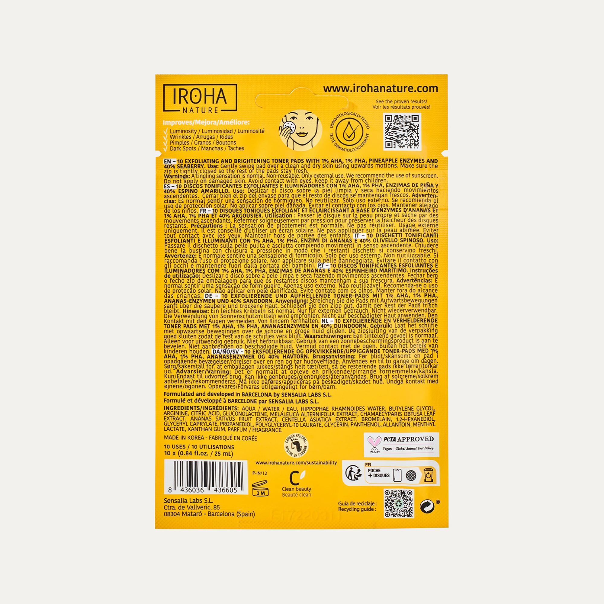 iroha  Nature 10 Exfoliating And Brightening Toner Pads With 1% Aha, 1% Pha, Pineapple Enzymes And Seaberry 