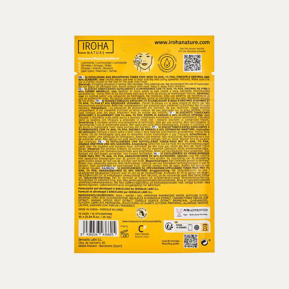 iroha  Nature 10 Exfoliating And Brightening Toner Pads With 1% Aha, 1% Pha, Pineapple Enzymes And Seaberry 