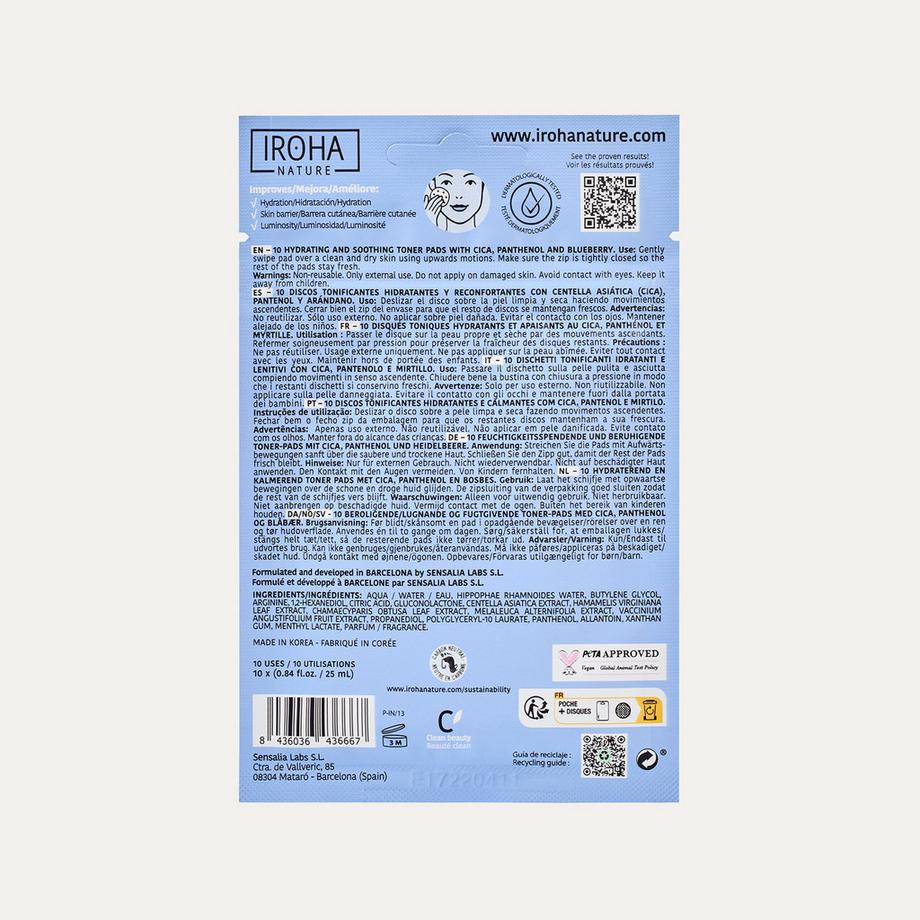 iroha  10 Hydrating And Soothing Toner Pads With Cica, Panthenol And Blueberry 