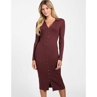 GUESS Geripptes Polo Kragen V-Ausschnitt Midikleid  