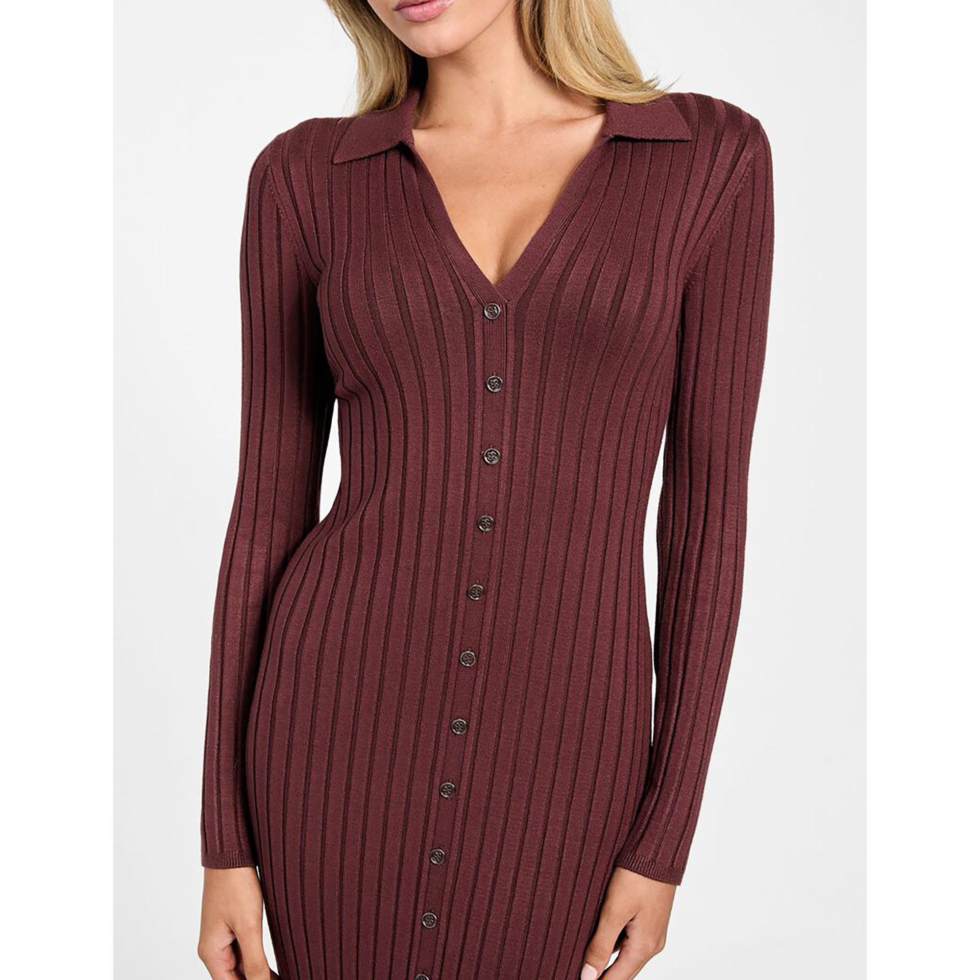 GUESS Geripptes Polo Kragen V-Ausschnitt Midikleid  