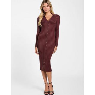 GUESS Geripptes Polo Kragen V-Ausschnitt Midikleid  