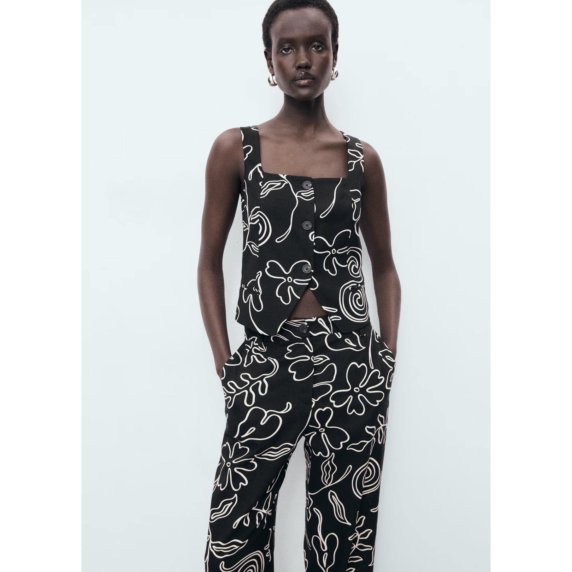 MANGO Liza Motif Floral Coupe Droite Pantalon  