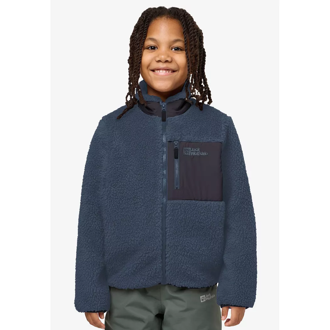 Fleecejacke JACK WOLFSKIN "ICE CURL JACKET K", Kinder, Gr. 116, blau (midnight sky), Fleece, Obermaterial: 100% Polyester, normal, eingefasste Kante, Jacken Fleecejacke, Wärmend, winddicht, Übergangsjacke für Kinder