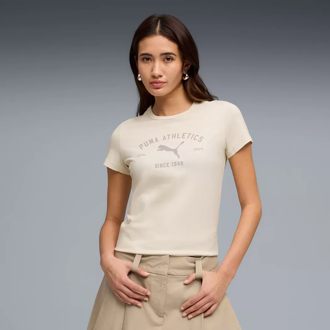 T-Shirt PUMA "CLASS GRAPHIC TEE", Damen, Gr. S, alpine snow, Jersey, Obermaterial: 100% Baumwolle, bedruckt, regular fit normal, Rundhals, Shirts T-Shirt, Regular Fit, Kurzarm, Rundhalsausschnitt