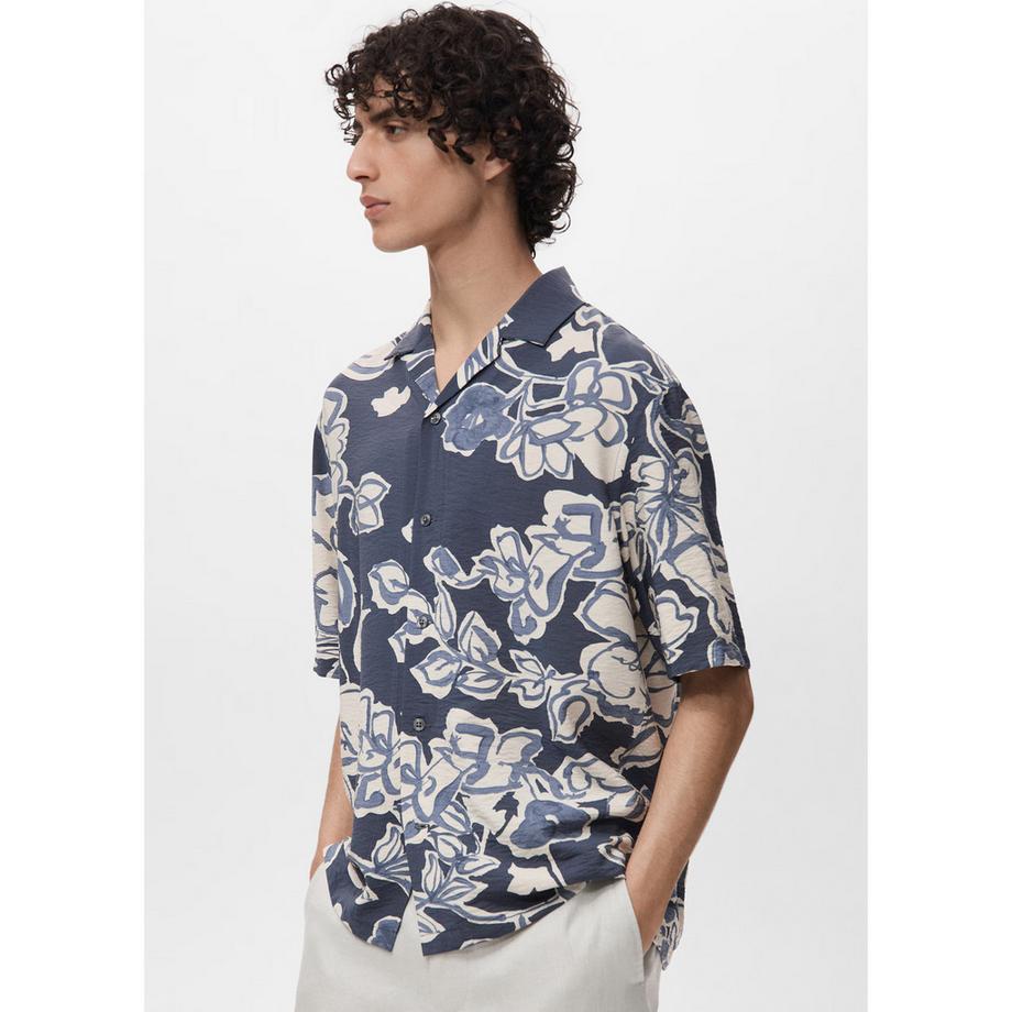 Mango Man Camicia Maniche Corte Fiori Crinkle  