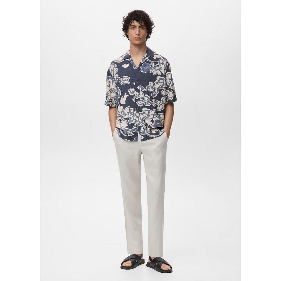 Mango Man Camicia Maniche Corte Fiori Crinkle  