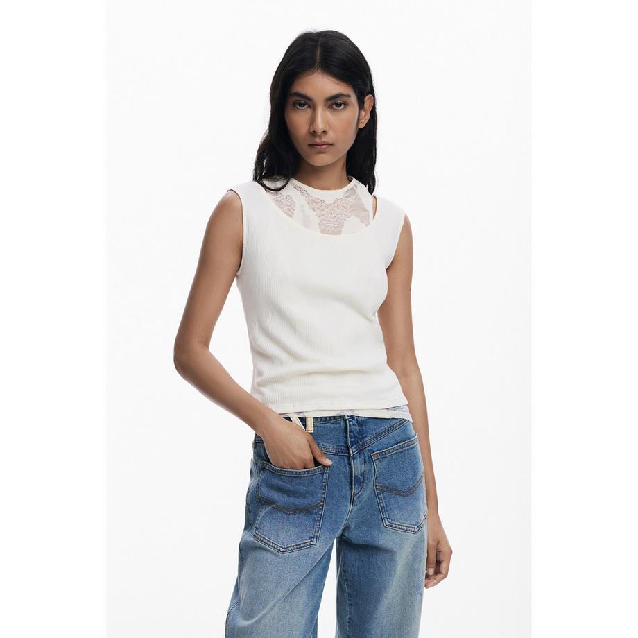 Desigual T-shirt Sans Manches Côtelé avec Détail en Dentelle  