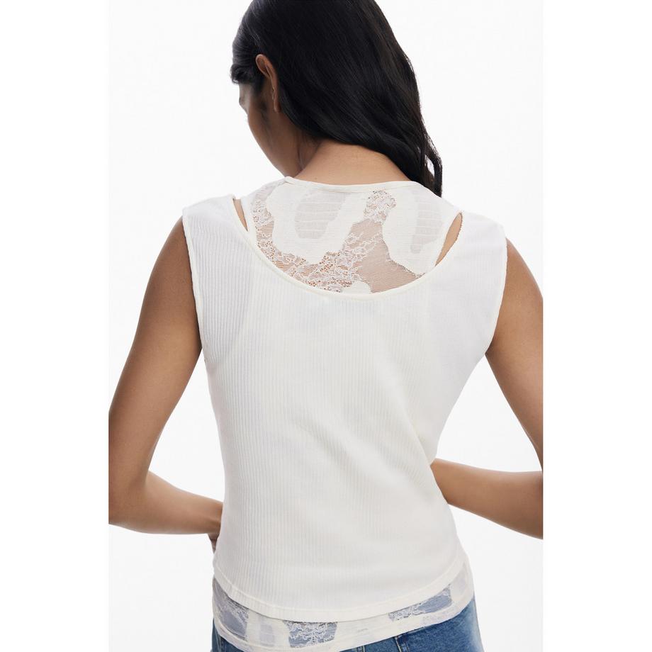 Desigual T-shirt Sans Manches Côtelé avec Détail en Dentelle  