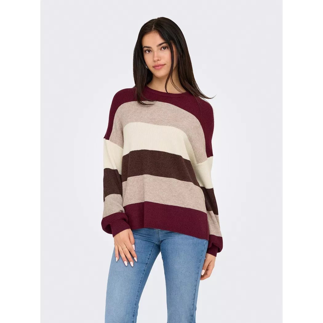 Strickpullover ONLY "ONLATIA L/S STRIPE PULLOVER KNT NOOS", Damen, Gr. M, silber (zinfandel stripes:with weißcapgray, silbermink, chicorycoffee), Strick, Obermaterial: 50% Viskose, 27% Nylon, 23% Polyester, gestreift, regular fit normal, Rundhals, Rippstr