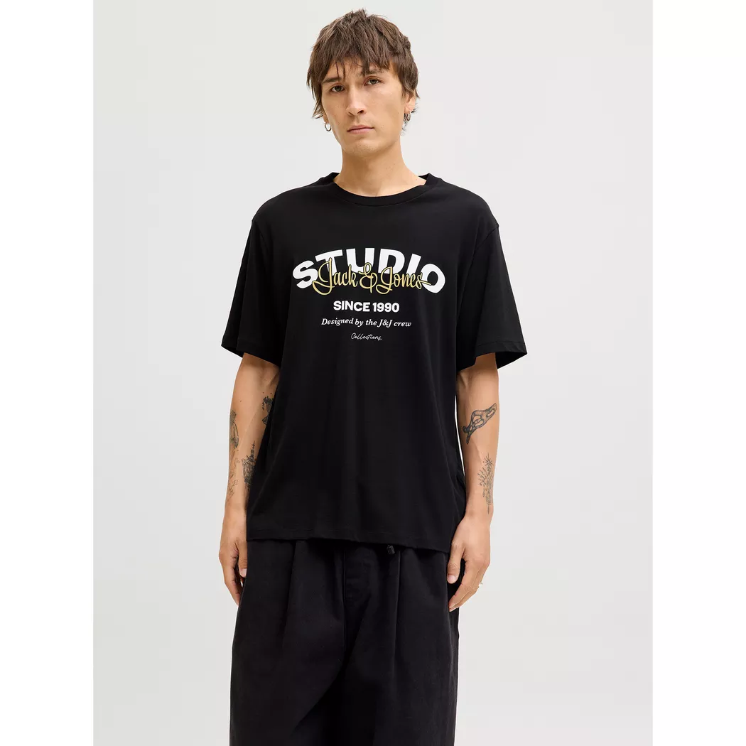 Rundhalsshirt JACK & JONES "JJECORP mit Logo-Print und klassischem Rundhals", Damen, Gr. L, schwarz (schwarz fit:slim, large print, schwarz), Single Jersey, Obermaterial: 100% Baumwolle, bedruckt, regular fit normal, Rundhals, Shirts Rundhalsshirt, Baumwo 7