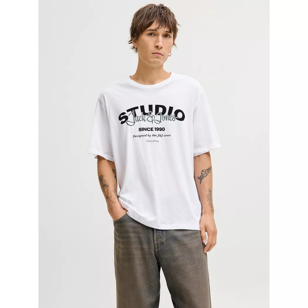 Rundhalsshirt JACK & JONES "JJECORP OLD LOGO TEE SS O-NECK NOOS", Herren, Gr. L, weiß (weiß detail:slim fit), Jersey, Obermaterial: 100% Baumwolle, bedruckt, regular fit normal, Rundhals, Shirts Rundhalsshirt 9