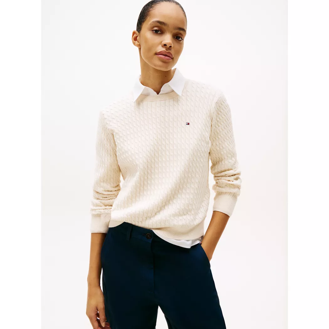 Rundhalspullover TOMMY HILFIGER "CO CABLE C-NK LS SWEATER", Damen, Gr. XS (34), weiß (ivory petal), Strick, Obermaterial: 100% Baumwolle, meliert, regular fit normal, Rundhals, Rippstrickbündchen, Pullover Rundhalspullover, Baumwolle, mit Zopfmuster, Regu