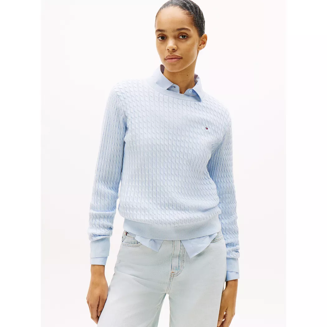 Rundhalspullover TOMMY HILFIGER "CO CABLE C-NK LS SWEATER", Damen, Gr. L (42/44), blau (breezy blau), Strick, Obermaterial: 100% Baumwolle, unifarben, regular fit normal, Rundhals, Rippstrickbündchen, Pullover Rundhalspullover, Baumwolle, mit Zopfmuster, 