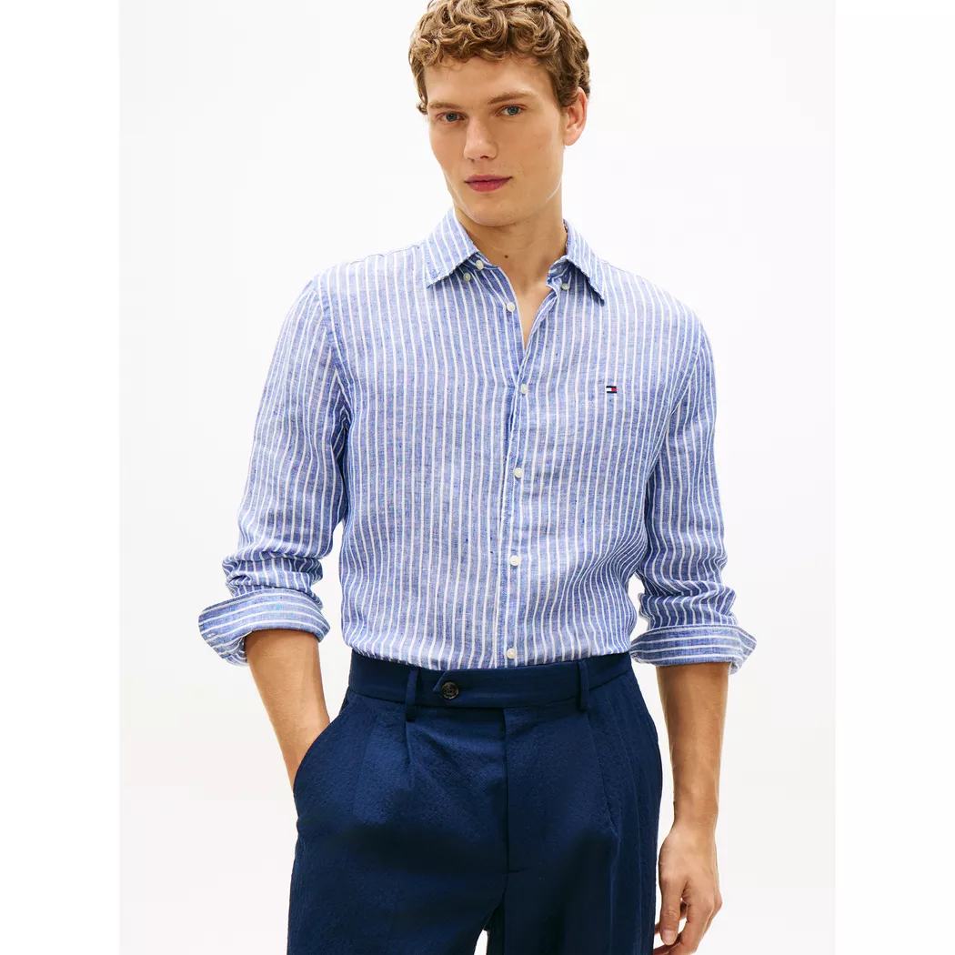 Tommy Hilfiger pour homme. MW0MW42400 Chemise à rayures bleu bengale (XL), Casuel, Lin, Manche longue 2
