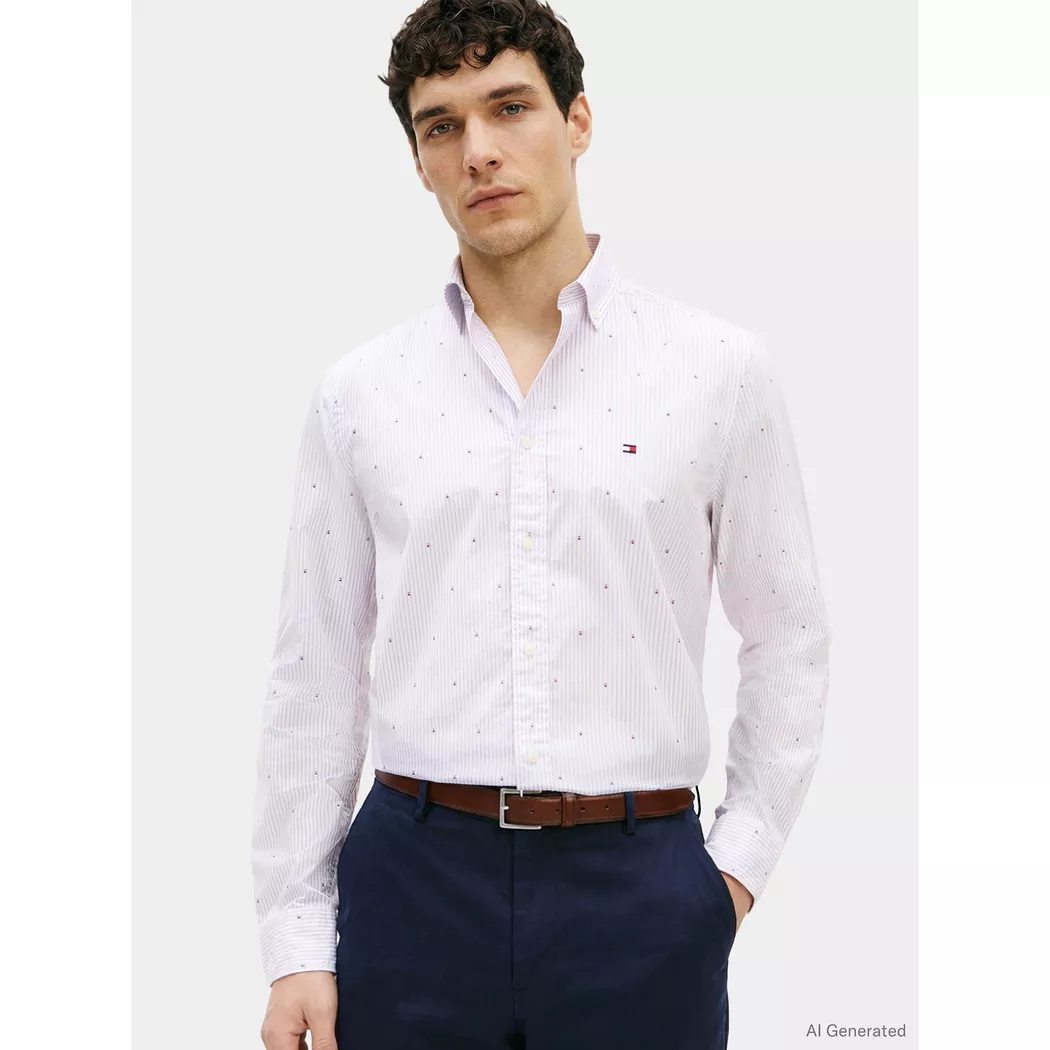 Tommy Hilfiger pour homme. MW0MW42400 Chemise à rayures bleu bengale (XL), Casuel, Lin, Manche longue 4
