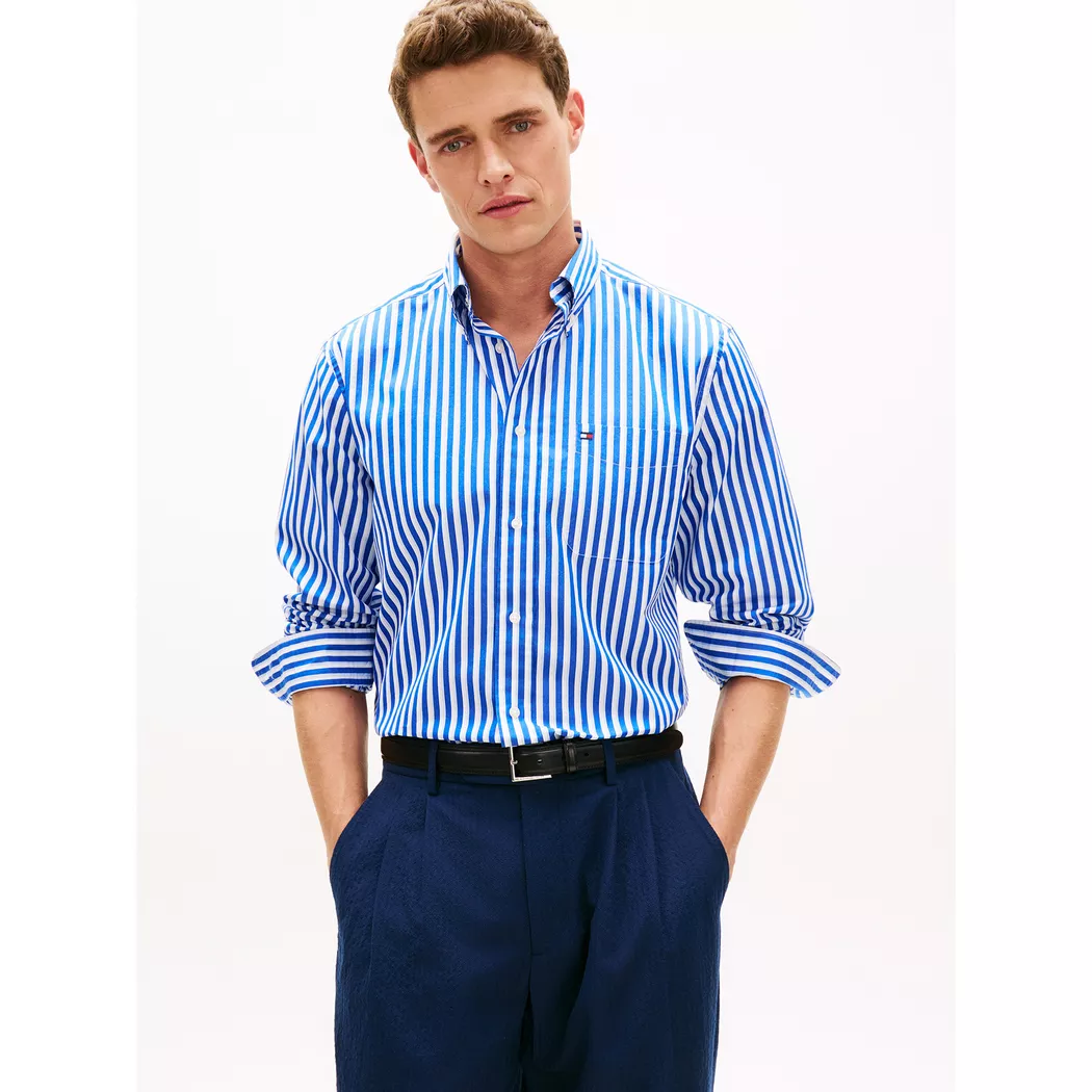 Tommy Hilfiger pour homme. MW0MW42400 Chemise à rayures bleu bengale (XL), Casuel, Lin, Manche longue 5