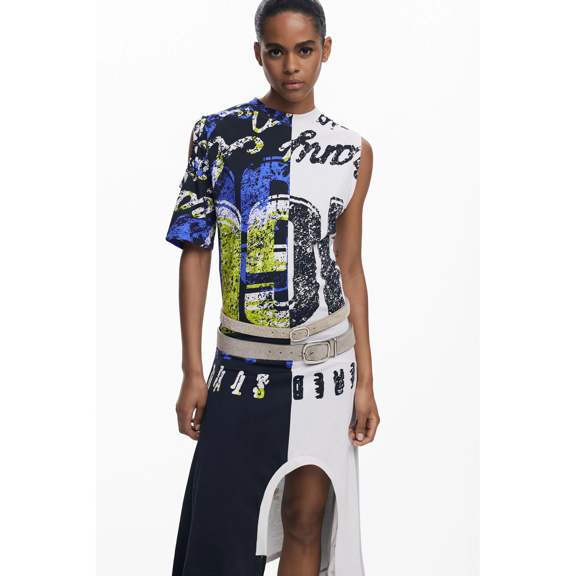 Desigual Abito Midi Asimmetrico Stampa Grafica  