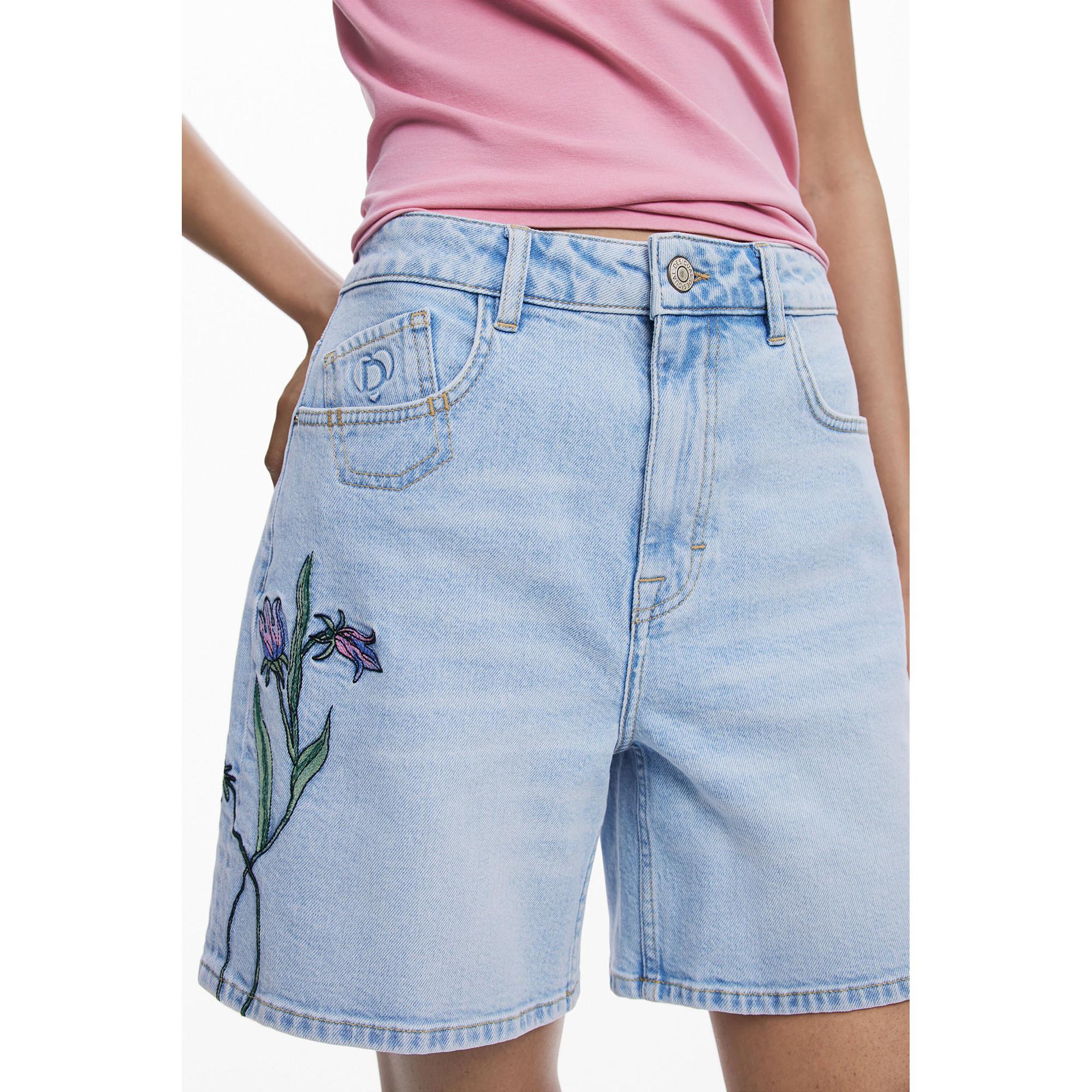 Desigual Short Bermuda en Denim avec Broderie Florale  