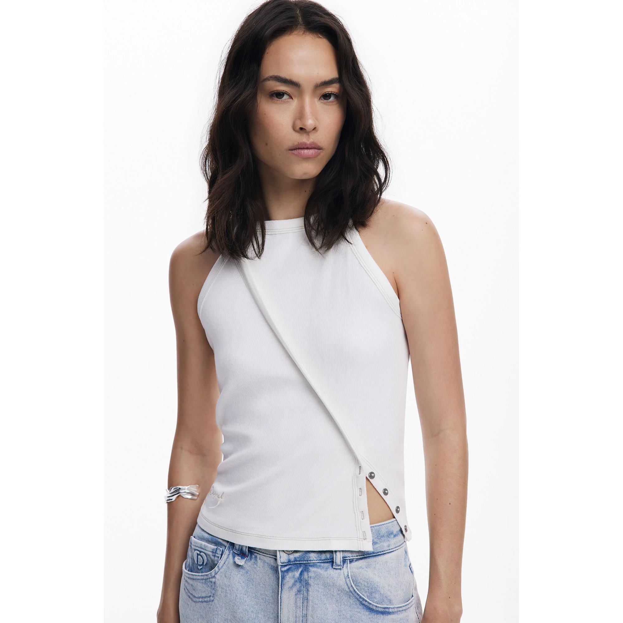 Desigual T-shirt a costine senza maniche con bottoni a pressione  