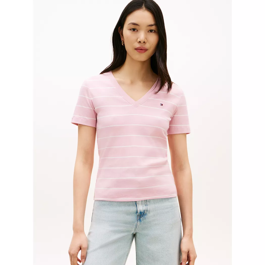 Tommy Hilfiger T-shirt à Manches Courtes Et Col En V Slim Cody Fine Stp Bonita Pink / Ecru L Femme