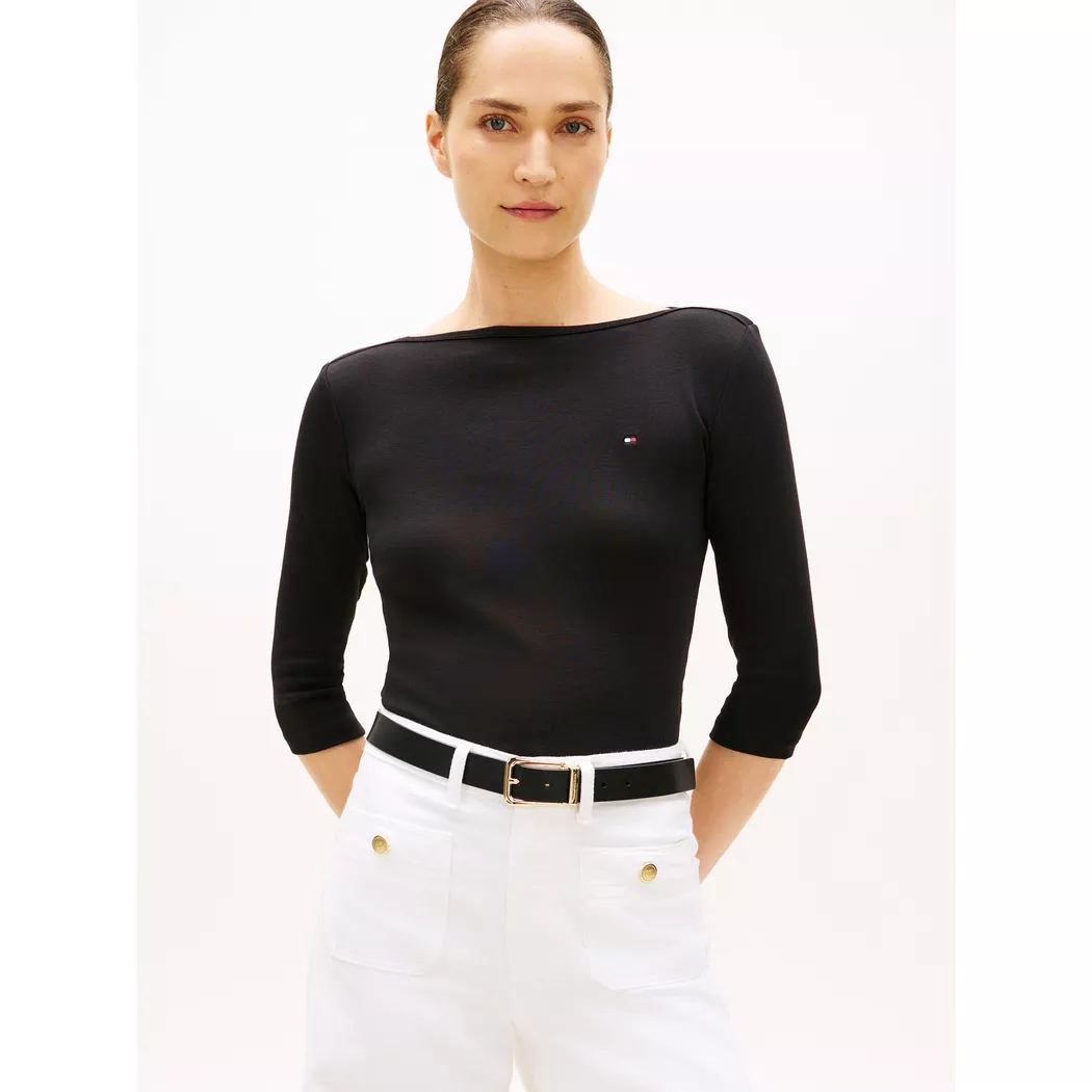3/4-Arm-Shirt TOMMY HILFIGER "NEW CODY SLIM BOAT-NECK", Damen, Gr. XS (34), schwarz, Jersey, Obermaterial: 100% Baumwolle, unifarben, slim fit hüftlang, U-Boot-Ausschnitt, abgesteppt, Shirts 3/4-Arm-Shirt, mit Logostickerei