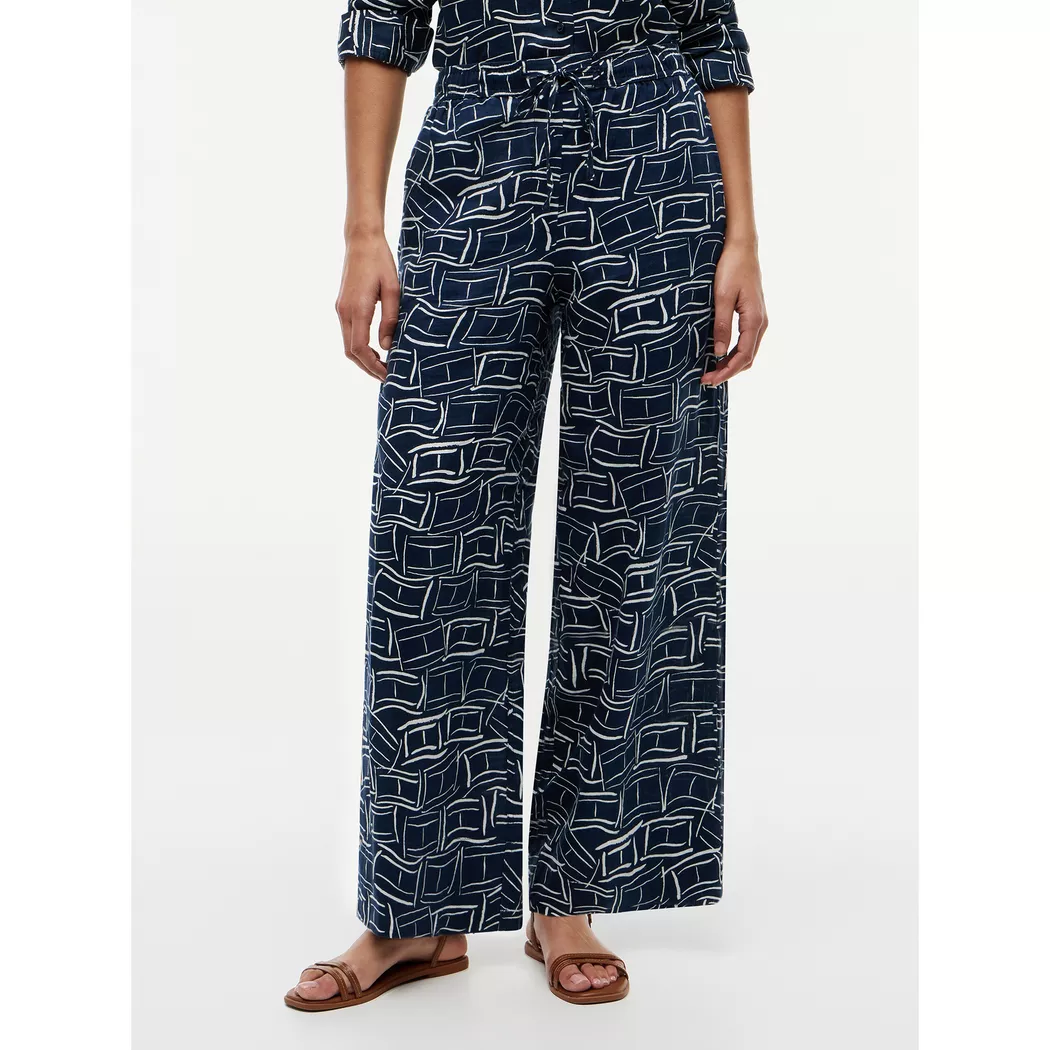 Leinenhose TOMMY HILFIGER "ESS LINEN PULL ON PANTS", Damen, Gr. XS (34), N-Gr, flag feathers schwarz night navy, Web, Obermaterial: 100% Leinen, gemustert, lässig geschnitten lang, Hosen, in lockerer Passform, Elastikbund
