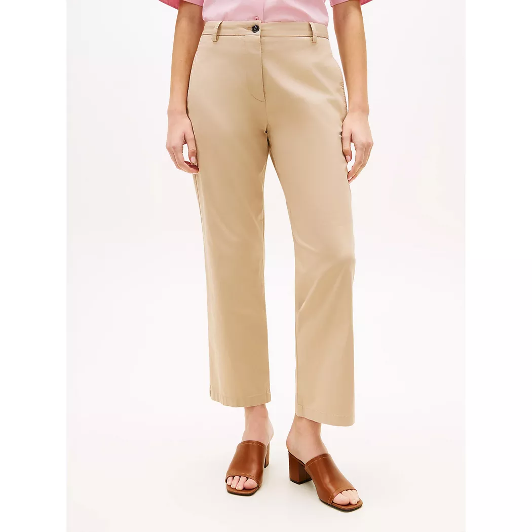 Chinohose TOMMY HILFIGER "CO GMD SLIM STRAIGHT CHINO", Damen, Gr. 42, N-Gr, beige, Web, Obermaterial: 65% Baumwolle, 33% Lyocell, 2% Elasthan, unifarben, straight fit lang, Hosen Chinohose, mit mittlerer Leibhöhe