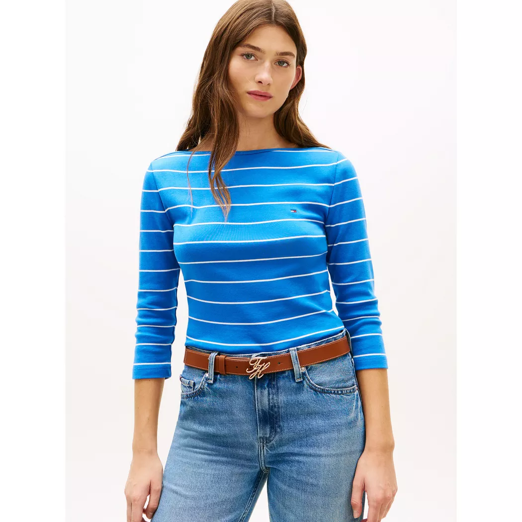 3/4-Arm-Shirt TOMMY HILFIGER "NEW CODY SLIM BOAT-NECK", Damen, Gr. XL (46), fine stp blau orbit, ecru, Shirts 3/4-Arm-Shirt, mit Logostickerei