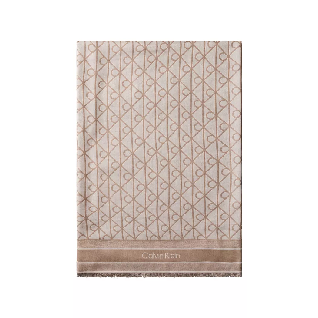 Modetuch CALVIN KLEIN "LINEN BLEND EMBLEM PAREO SCARF", Damen, desert taupe, weiß alyssum, Web, Materialmix, unifarben, Modetücher, Mit Farbkontrasten