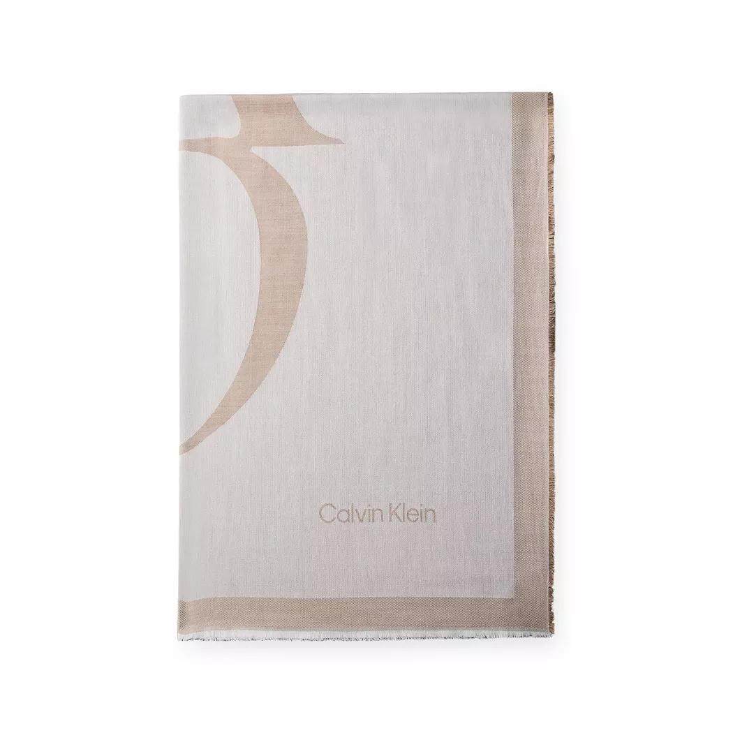 Modetuch CALVIN KLEIN "LINEN BLEND EMBLEM PAREO SCARF", Damen, desert taupe, weiß alyssum, Web, Materialmix, unifarben, Modetücher, Mit Farbkontrasten 2