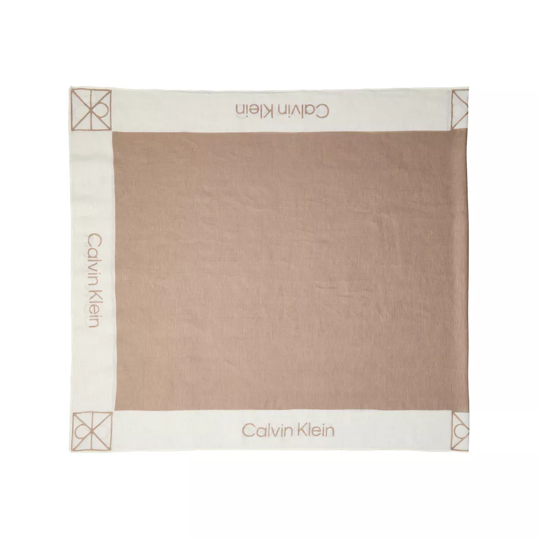 Modetuch CALVIN KLEIN "LINEN BLEND EMBLEM PAREO SCARF", Damen, desert taupe, weiß alyssum, Web, Materialmix, unifarben, Modetücher, Mit Farbkontrasten 3