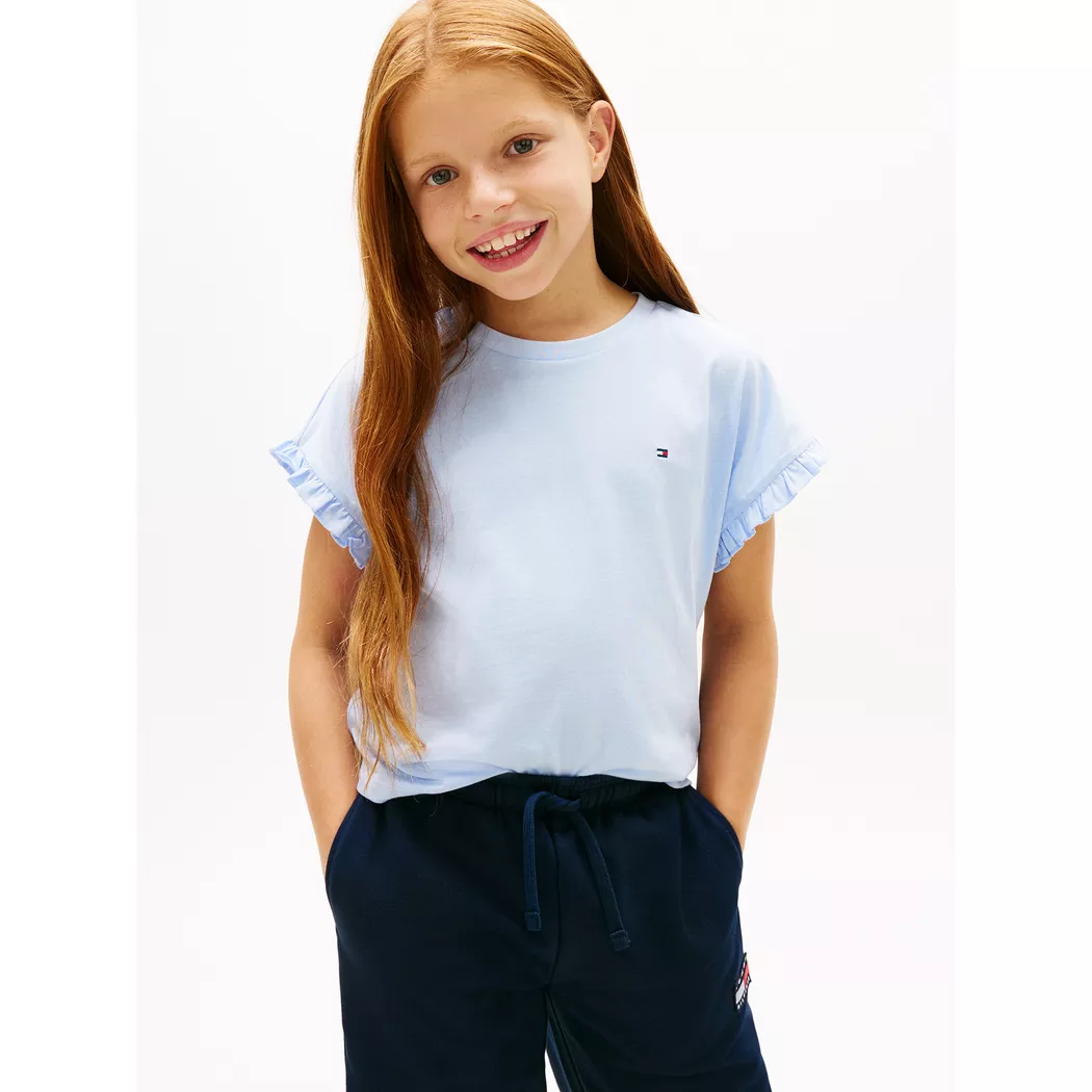 T-Shirt TOMMY HILFIGER "ESSENTIAL TOP SHORT SLEEVE", Mädchen, Gr. 10 (140), sweet blau, Single Jersey, Obermaterial: 60% Baumwolle, 40% Polyester, unifarben, relaxed fit normal, Rundhals, Rüschen, Shirts T-Shirt, Kinder bis 16 Jahre, mit Rüschen, relaxed 