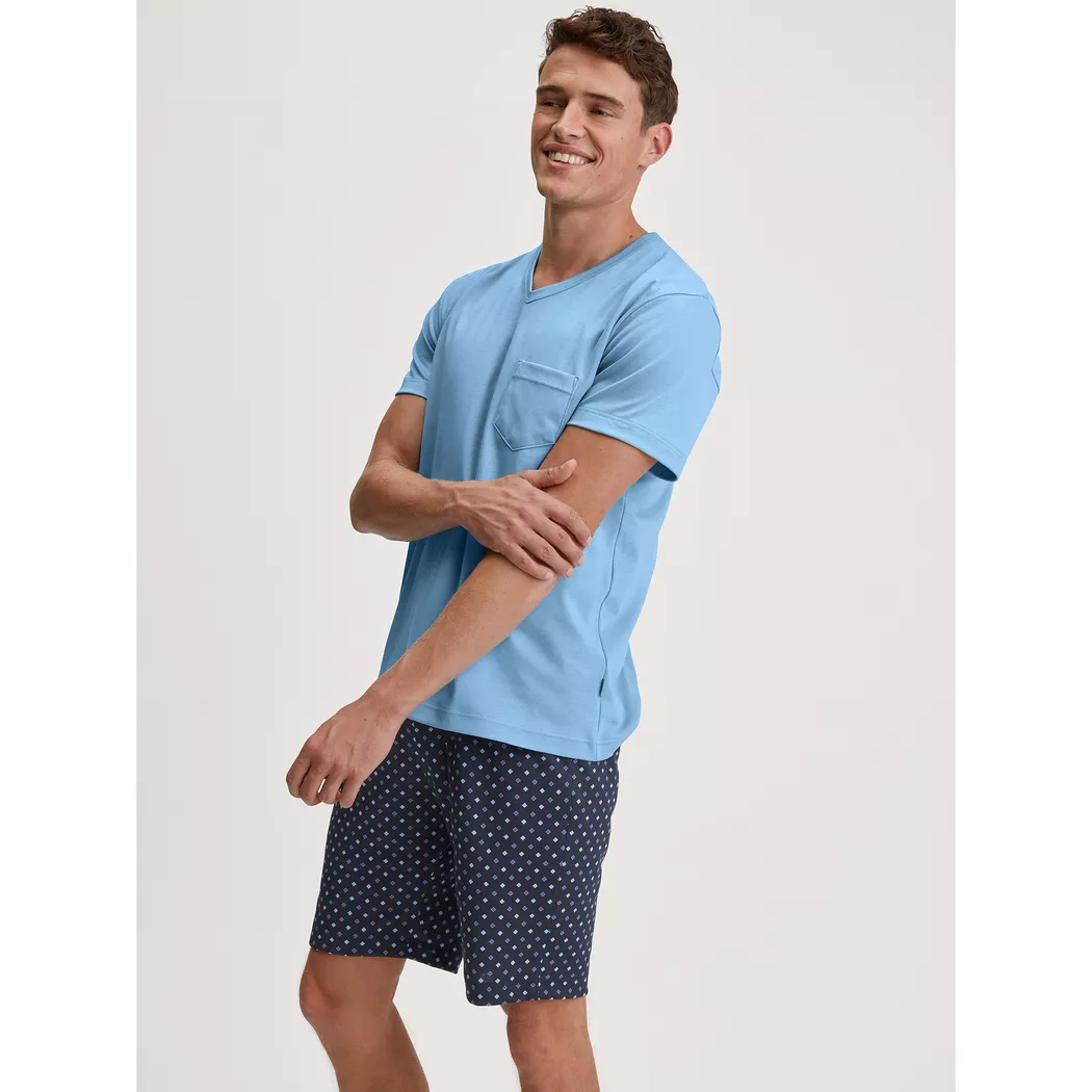 Shorty CALIDA "Relax Streamline", Herren, Gr. S (46/48), blau (glacier lake), Interlock, Obermaterial: 100% Baumwolle, normal kurz, V-Ausschnitt, Homewear-Sets Shorty, mit V-Ausschnitt