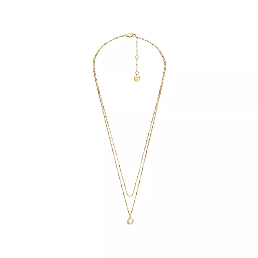 Kette mit Anhänger FOSSIL "Schmuck Geschenk Edelstahl SUTTON", gold (gelbgoldfarben, kristallweiß), Halsketten, Damen, Edelstahl, L: 45,5 B: 2mm, mit Glasstein, B:2mm 2
