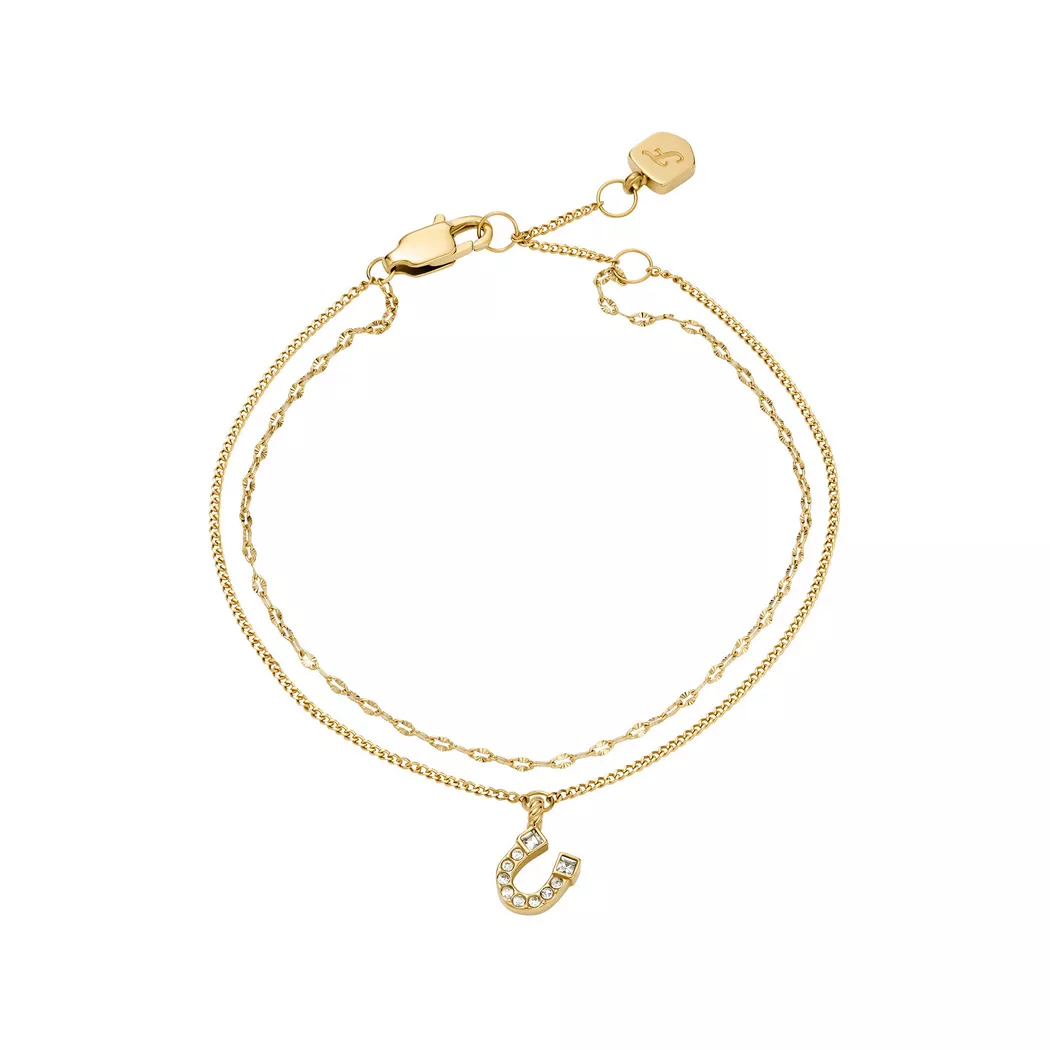Armband FOSSIL "Schmuck Geschenk Edelstahl SUTTON", gelbgoldfarben, kristallweiß, kristallweiß, Armbänder, Damen, 19cm, Edelstahl, Armband, mit Glasstein