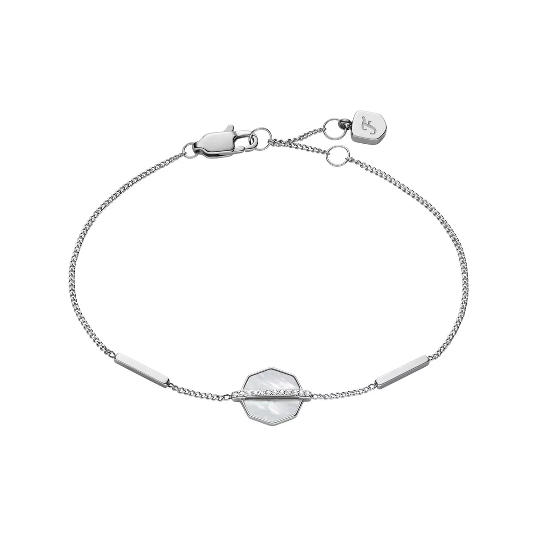 Armband FOSSIL "Schmuck Geschenk Edelstahl JEWELRY", weiß (edelstahlfarben, kristallweiß, kristallweiß), Armbänder, Damen, 19cm, Edelstahl Perlen, Edelstahl, Perlen, Armband, mit Glasstein - mit Perlmutt