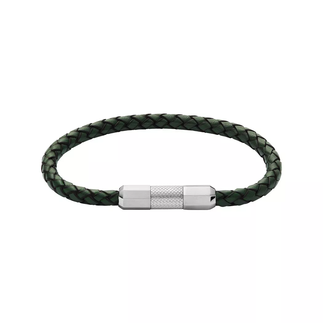 Armband FOSSIL "Schmuck Geschenk Edelstahl Leder KNOX", schwarz (edelstahlfarben, schwarz, grün), Armbänder, Damen, 21,5cm, Edelstahl Leder, Edelstahl, Leder, Armband