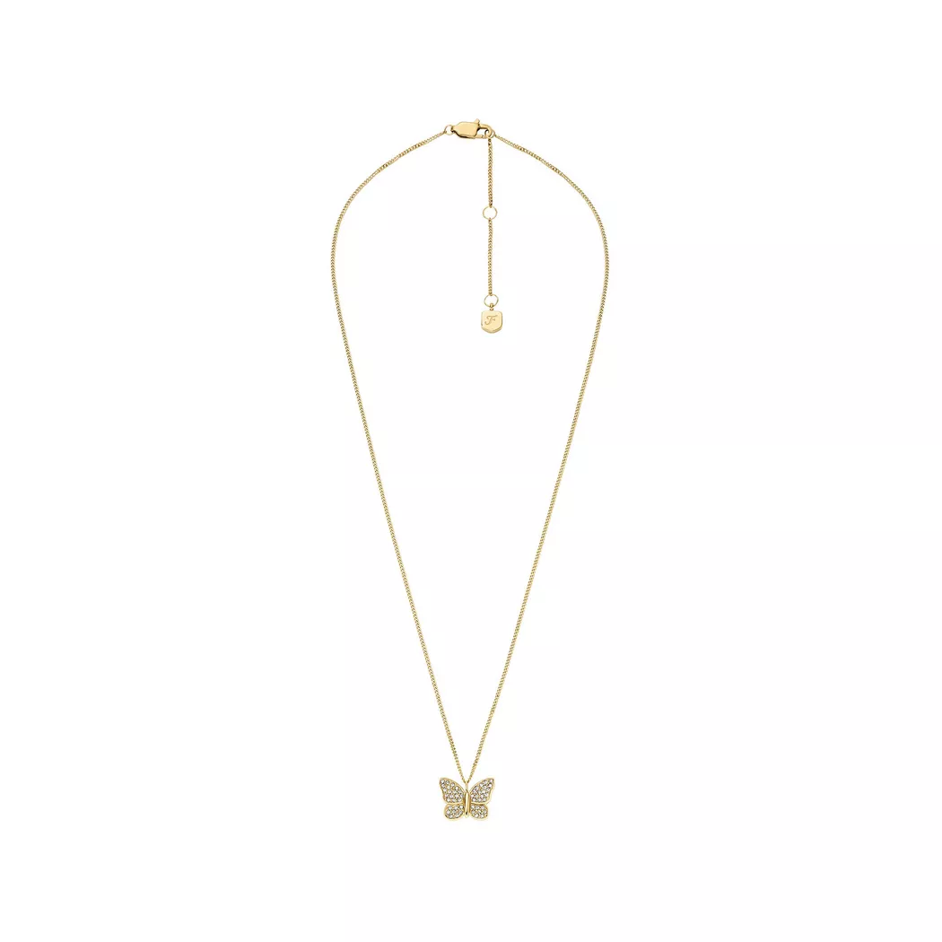 Kette mit Anhänger FOSSIL "Schmuck Geschenk Edelstahl SUTTON Schmetterling", gold (gelbgoldfarben, kristallweiß), Halsketten, Damen, Edelstahl, L: 45,5 B: 1mm, mit Glasstein, B:1mm