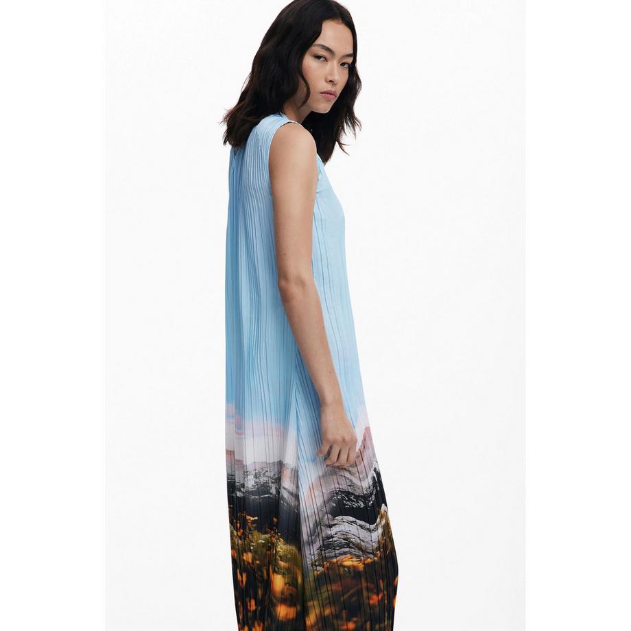 Desigual Abito Midi Plissettato Senza Maniche Stampa Paesaggio  