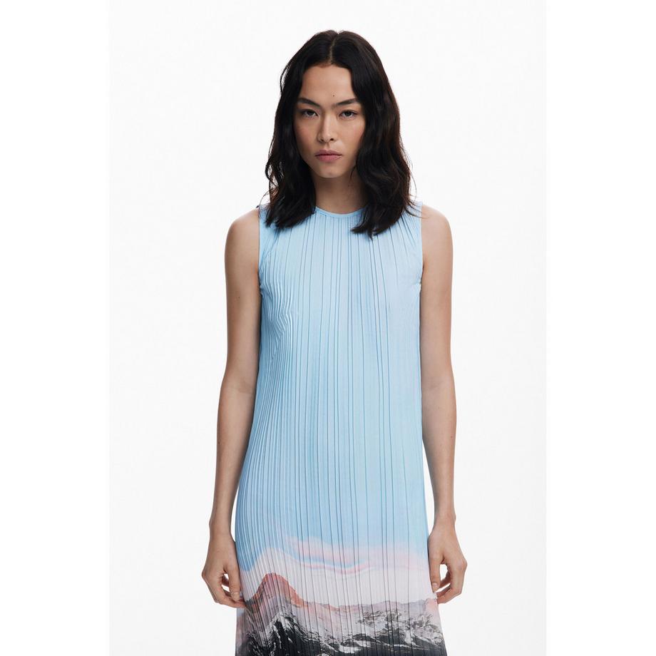 Desigual Abito Midi Plissettato Senza Maniche Stampa Paesaggio  