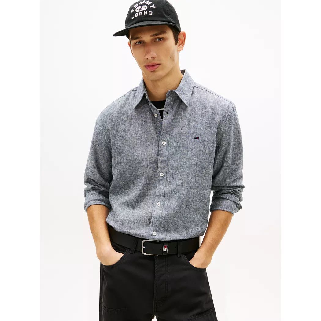 Langarmhemd TOMMY JEANS "TJM REGULAR FIT LINEN BLEND", Herren, Gr. XL, N-Gr, schwarz night navy, Web, Obermaterial: 55% Leinen, 45% Baumwolle, regular fit normal, Rundhals, eingesetzt Manschette, Hemden