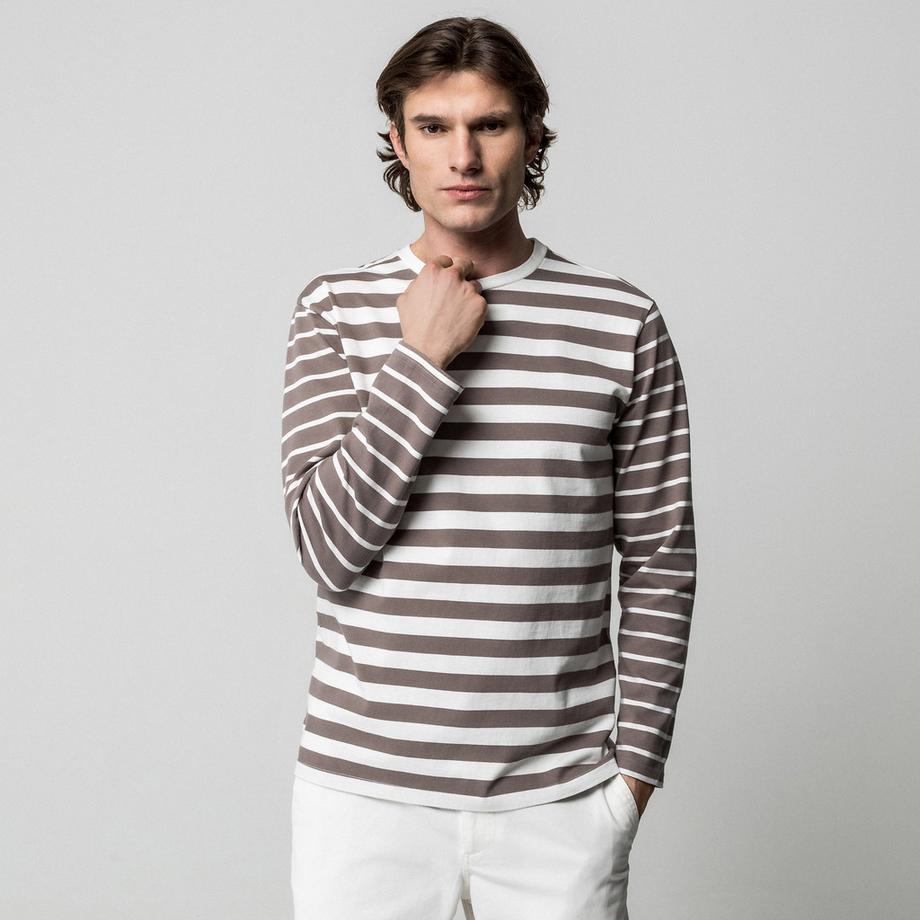 Manor Man Langarm Gestreiftes T-Shirt Regular Fit  