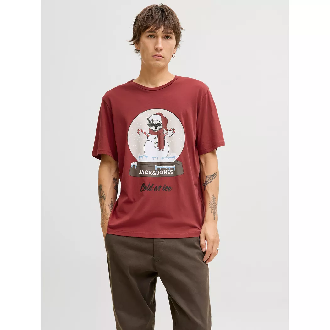 Kurzarmshirt JACK & JONES "JJNOEL XMAS TEE SS CREW NECK", Herren, Gr. M, brick rot, Jersey, Obermaterial: 100% Baumwolle, Rundhals, Shirts
