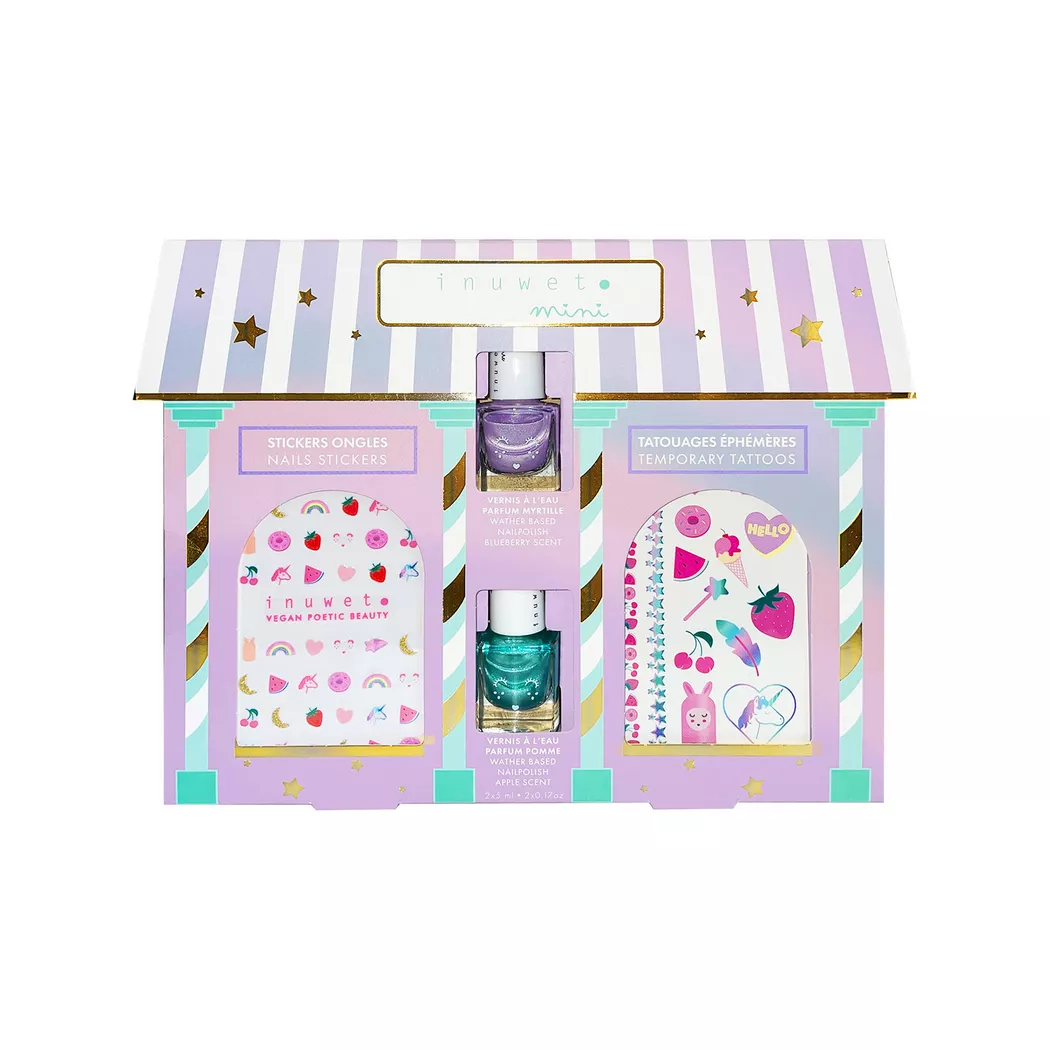 inuwet - My Little Beauty House – Strasssteine – Temporäres Tattoo – Wasserbasierter Nagellack Heidelbeere – Apfel, Set