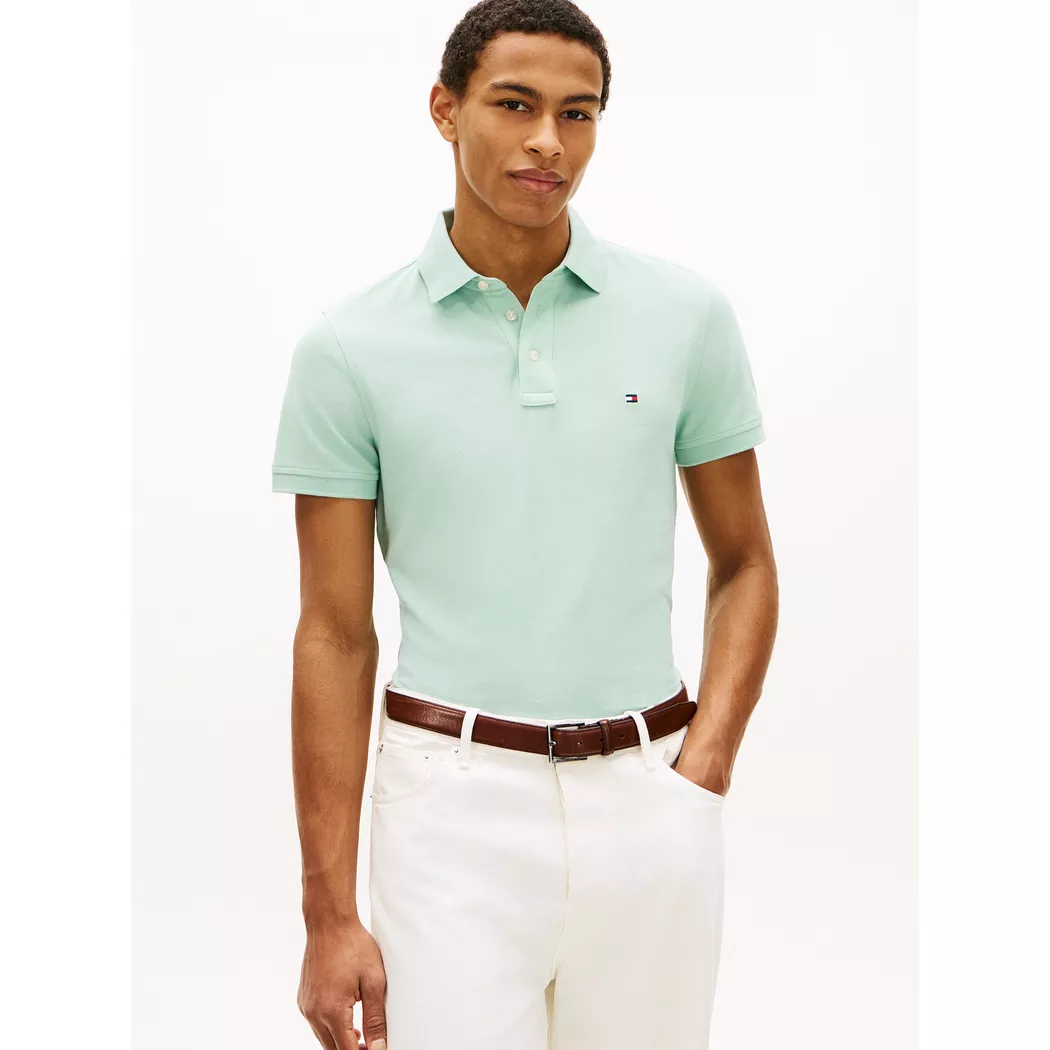 Poloshirt TOMMY HILFIGER "1985 SLIM POLO", Herren, Gr. S, crushed mint, Piqué, Obermaterial: 96% Baumwolle, 4% Elasthan, Shirts, Markenstickerei, aus Baumwoll-Piqué