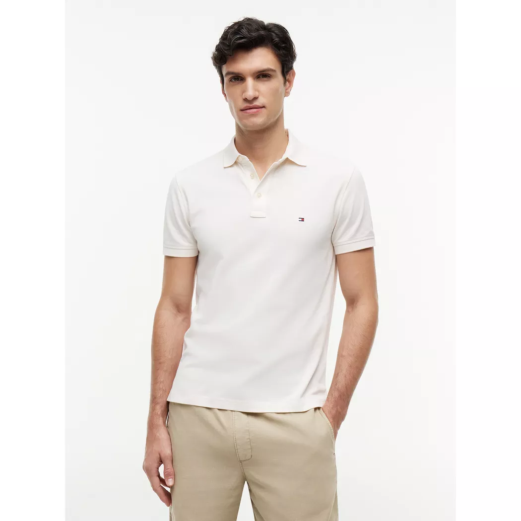 Poloshirt TOMMY HILFIGER "1985 SLIM POLO mit Piqué-Struktur und Stickerei", Herren, Gr. XXL, weiß (ivory petal), Piqué, Obermaterial: 96% Baumwolle, 4% Elasthan, Basic, slim fit, eingesetzt Bündchen, Shirts, meliert, casual, slim fit, Baumwollmix, Polokra